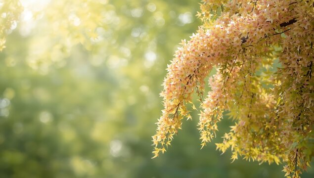 Flowering maple tree background, flower and leaf details highlight spring and summer growth, Earth Day