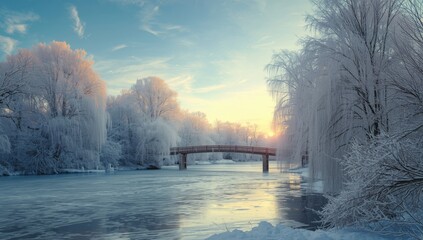 Frost-covered trees and icy river in urban park setting, winter preservation focus