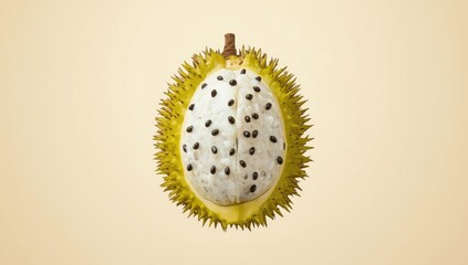 Detailed view of soursop fruit's white pulp and seeds, emphasizing tropical health benefits and fruit structure