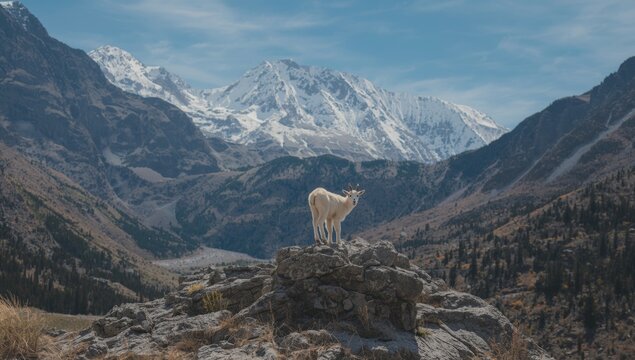 North American mountain goat on rugged terrain, emphasizing wilderness preservation