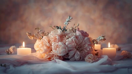 Serene scene featuring candlelight and blooming flowers, suitable for a peaceful ambiance or decorative display