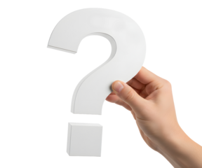 A person's hand holding a large, three dimensional white question mark isolated on a white or transparent background.
