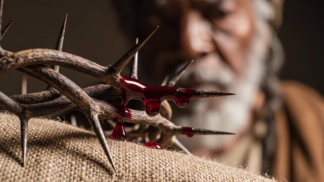 Crown of thorns with blood dripping on burlap, in front of a blurry man, a depiction for Good Friday