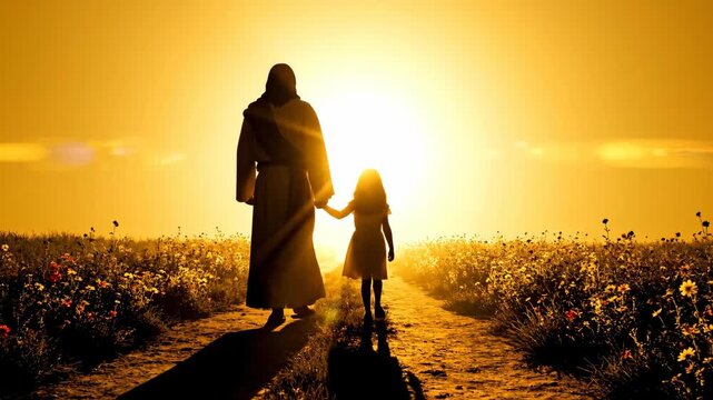 Man and girl holding hands walking on a path in a field at sunset, depicting spiritual guidance and childhood journey.