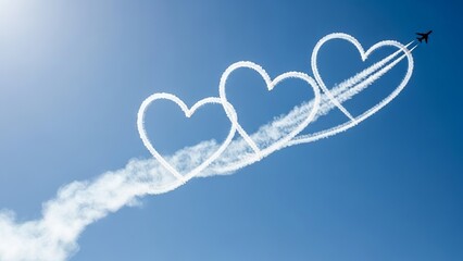 An airplane gracefully etches three perfect heart shapes into the expansive blue sky with white contrails