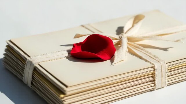 A hand gently placing a decorative rose petal on top of a stack of love letters 