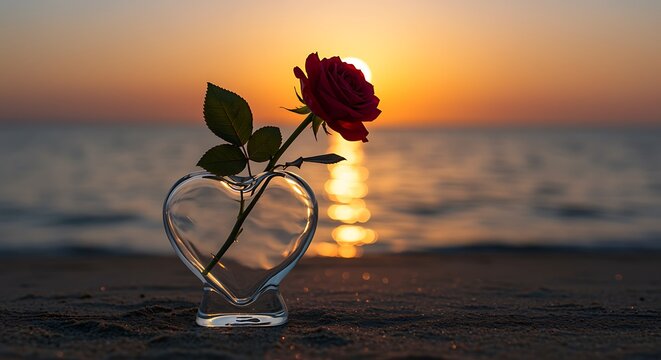 A single red rose in a heart shaped vase at sunset by the sea