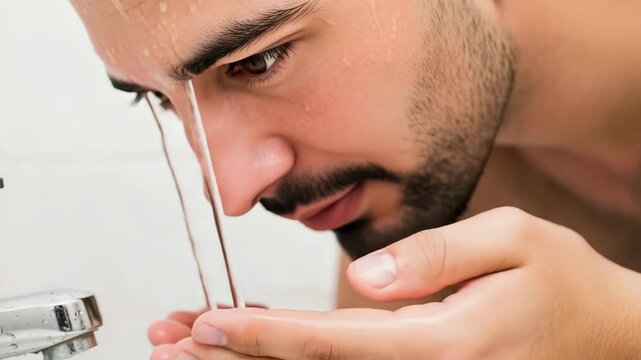 Close-up of a man's hand gently washing his face and eyes with cool water in a bathroom sink camera locked down shot,