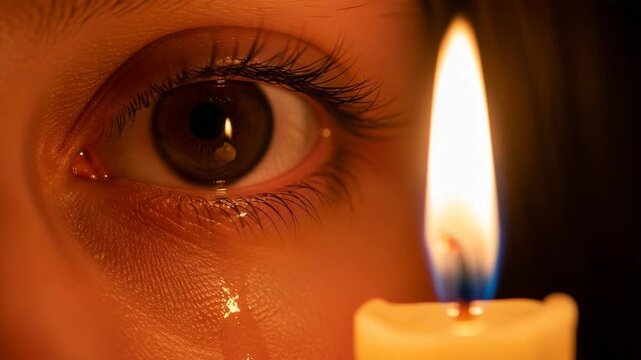 Girl with tear in eye gazing at flame of candle in dark setting,   The flicker of a candle flame reflecting in the wide eyes of a person (minimal faceeyes visible), suggesting deep emotion, 
