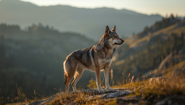Czechoslovakian wolfdog navigating rugged mountain landscape, highlighting terrain adaptation