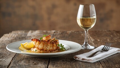 Seafood dish featuring cuttlefish with a glass of white wine, highlighting culinary presentation and pairing, World Seafood Day