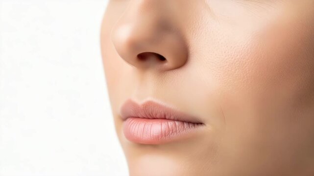 The lower half of a person's face (nose and mouth) visible as they slowly take a deep, clear breath, emphasizing sinus relief, 