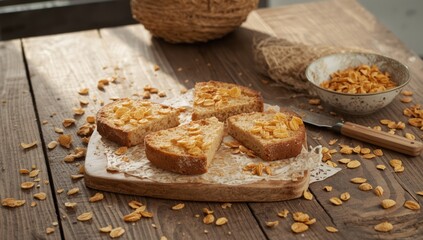 Fototapeta premium Fresh baked bread slices with a crunchy crust and corn flakes on a wooden surface, highlighting breakfast textures, World Food Day