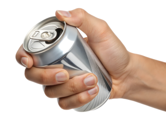 A powerful hand crushing and squeezing a silver aluminum beverage can for recycling isolated on a white or transparent background.