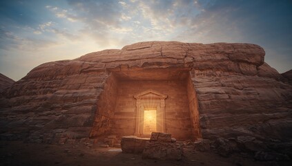 Easter celebration with a glowing light from an open tomb, symbolizing renewal and spiritual awakening, Resurrection Sunday