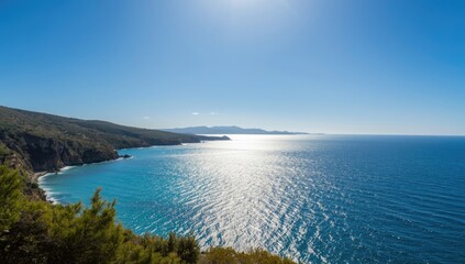 Obraz premium Chrysochou Bay in Cyprus under bright sunlight and a vibrant blue sky, ideal for editorial header background