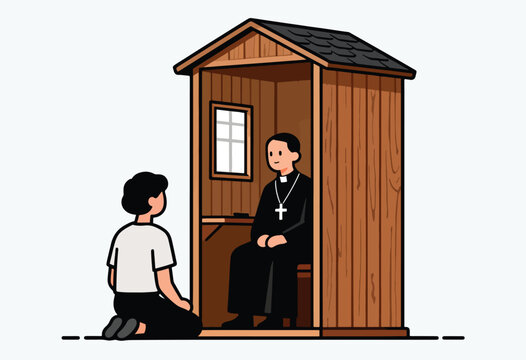 Priest in confession booth listens to kneeling parishioner