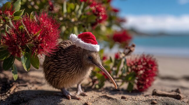 A cute kiwi bird, wearing a Santa hat, stands on a sandy beach. Red flowers and the ocean form the backdrop