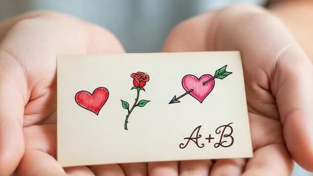 Hands holding a card with heart drawings and initials A+B  