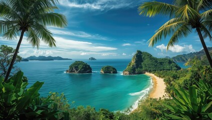 Wide shot of lush tropical islands surrounded by blue ocean, suitable for eco-tourism and nature photography, World Environment Day