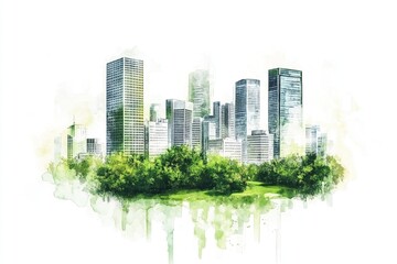 watercolor cityscape with tall buildings and a green park in the center, on a white background, green color scheme