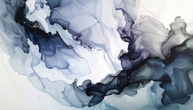 Abstract Black Ink Swirls in Water on White Background, Dynamic Liquid Flow and Smoke Effect, Abstract black ink swirling in water, flowing light apricot crush smoke with splashes soft fluid banner