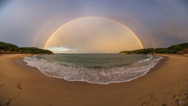 Scenic rainbow over sunset at beach with colorful sky and seascape, Queensland coast, Australia, outdoor setting, seasonal change, Earth Day