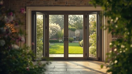 Contemporary bifold doors in a garden setting during spring, featuring lush greenery and Indian Sandstone paving