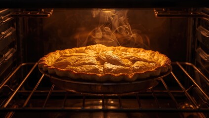 Closeup of a big apple pie in the oven, highlighting the golden crust and steaming fruit, used as a baking preparation backdrop