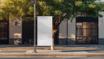 Empty billboard hanging from street lamp with surrounding trees and building facade, outdoor advertising setup