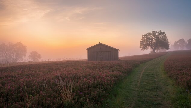 Sunset scene at a sheepfold with flock, emphasizing the tranquil rural environment for agricultural setting
