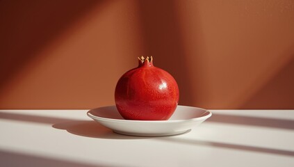 Freshly cut pomegranate seeds displayed on a white plate against a brown surface, highlighting nutritious snacks