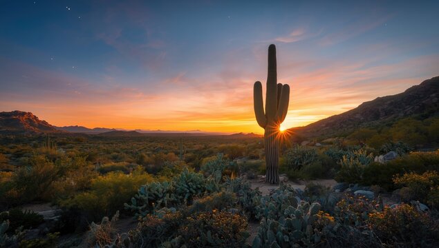 Desert landscape with towering saguaros during sunset, highlighting the natural arid environment and plant resilience