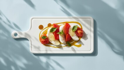 White ceramic platter featuring caprese salad elements on a light blue background, suitable for culinary presentation and food styling