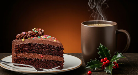 Delicious slice of chocolate fudge cake with sprinkles beside a steaming mug of hot beverage and festive holly berries.
