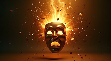  a glossy theatrical mask shattering mid-air into bright shards