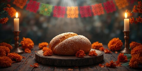 Pan de Muerto, a traditional Mexican sweet bread, placed on offerings for Day of the Dead, cultural tradition