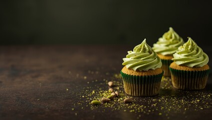 Pistachio cupcakes on dark background, suitable for bakery branding or menu layout