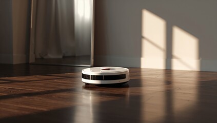 Reflection of a white robot vacuum in a bedroom mirror, focusing on automated cleaning technology, Earth Day