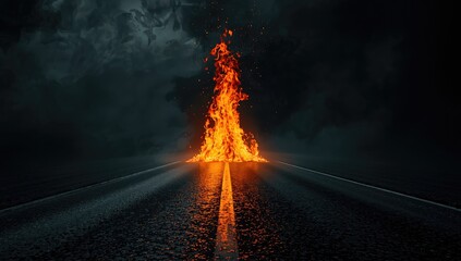 Long rain-soaked road illuminated by flames with an abstract dark background, highlighting emergency response scenarios