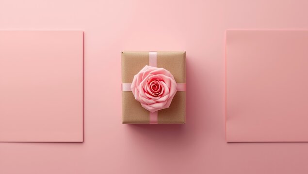 Mothers Day greeting card setup featuring pink rose and kraft gift box on pink surface, floral display for celebration - Powered by Adobe