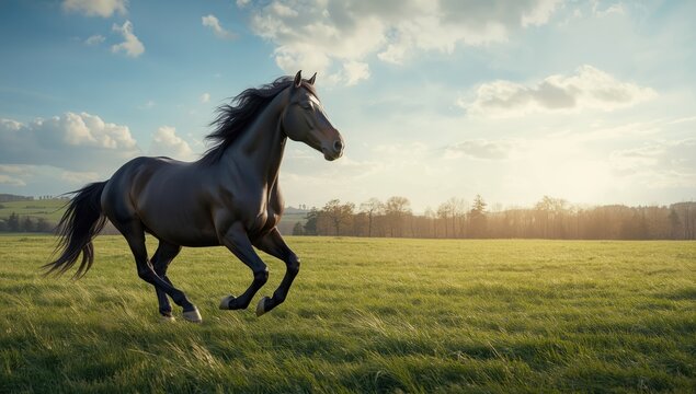 Friesian horse running through a grassy field, highlighting agility and outdoor setting, World Horse Day