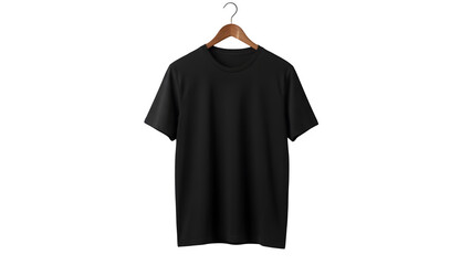 Blank black t-shirt mockup on wooden hanger isolated on white background
