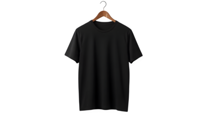 Blank black t-shirt mockup on wooden hanger isolated on white background
