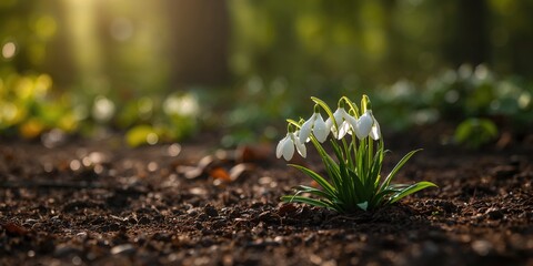 Snowdrops with rain in sunlight, early spring bloom as a seasonal change observation