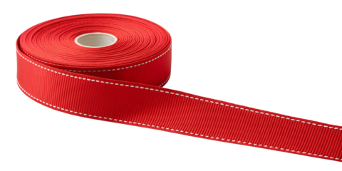 A straight strip of bright red textured grosgrain fabric ribbon banner isolated on a clean white or transparent background.
