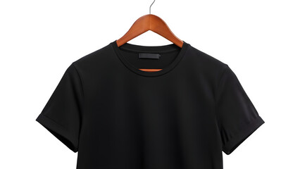 Close up of blank black t-shirt collar on wooden hanger isolated on white