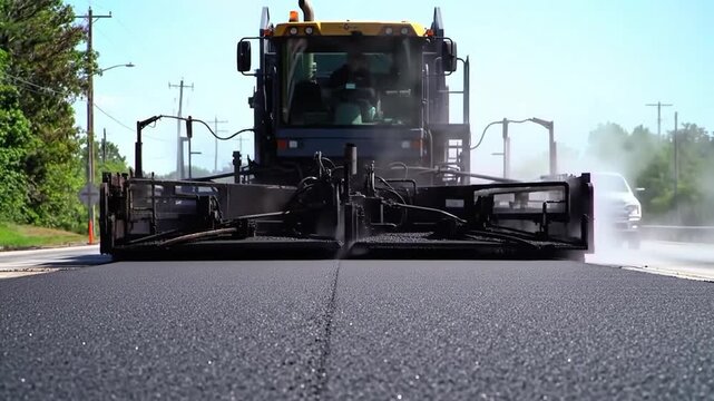 highway construction, asphalt finisher running, hot steam rising, camera tracking steadily forward.