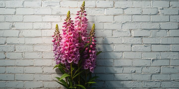 Digitalis purpurea blooming against a white wall, highlighting herb for pharmaceutical production