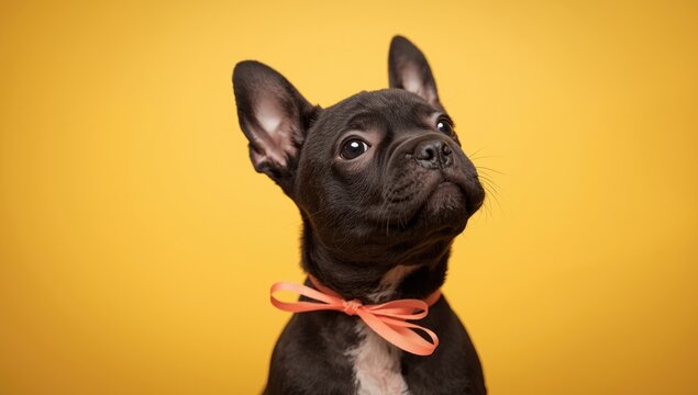 Portrait of a black Staffordshire bull terrier puppy wearing a coral ribbon, highlighting pet identification and breed characteristics, animal care theme